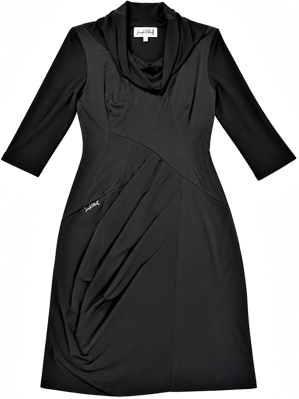 Joseph Ribkoff Black Draped Dress Size 8 Cowl Neck Asymmetrical Cocktail